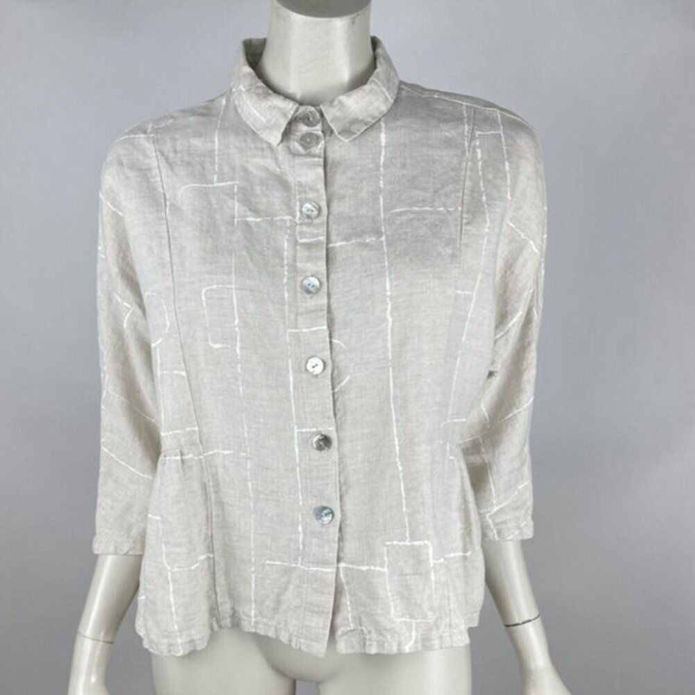 Chalet USA Linen Button-up Top Women M EUC 3/4 Sleeve Collared Shirt Jacket